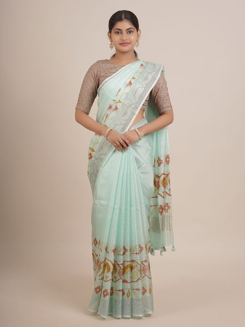 Pothys Green Silk Printed Saree With Unstitched Blouse Price in India