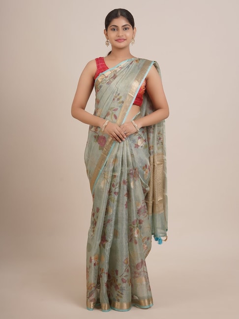 Pothys Blue Silk Printed Saree With Unstitched Blouse Price in India