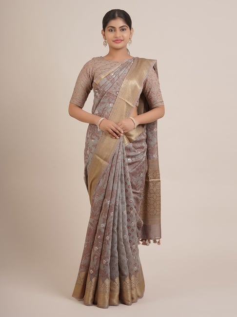 Pothys Grey Silk Embroidered Saree With Unstitched Blouse Price in India
