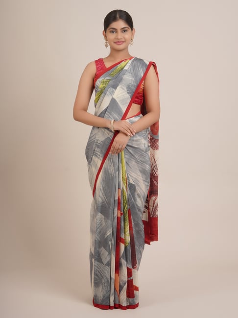 Pothys Brown & Grey Silk Printed Saree With Unstitched Blouse Price in India
