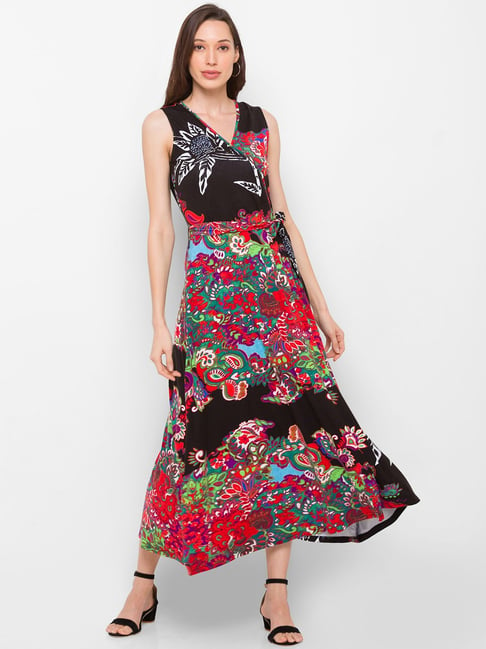 Globus Black & Red Floral Print Maxi Dress Price in India