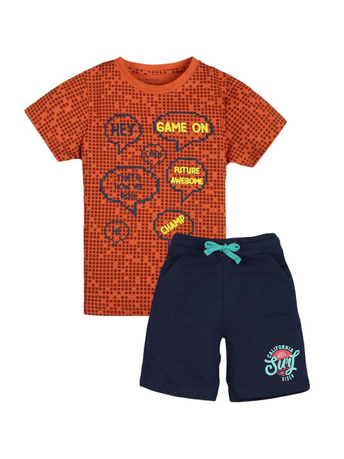 Plum Tree Kids Orange & Navy Printed T-Shirt with Shorts
