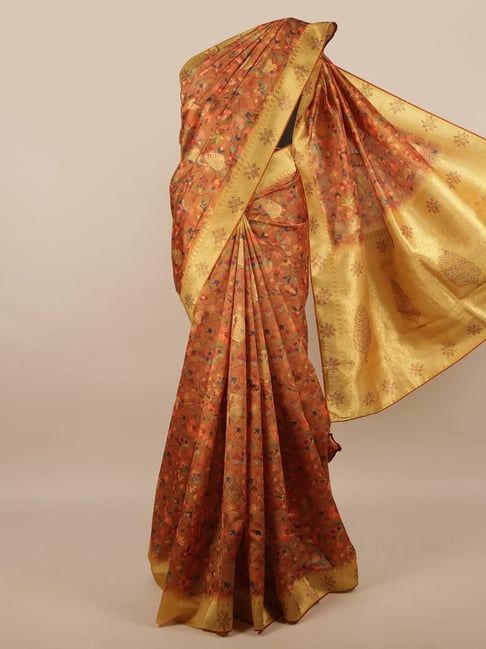Pothys Red & Gold Silk Printed Saree With Unstitched Blouse Price in India