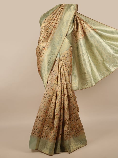 Pothys Beige & Green Silk Printed Saree With Unstitched Blouse Price in India