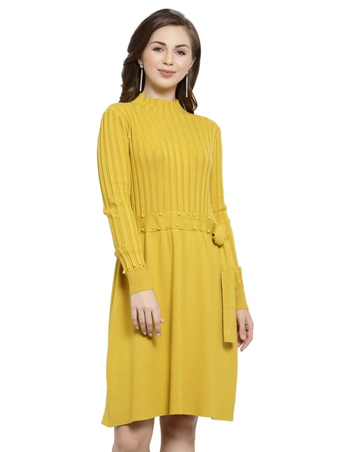 Buy Mafadeny Mustard Embellished Mock Collar Sweater Dress for