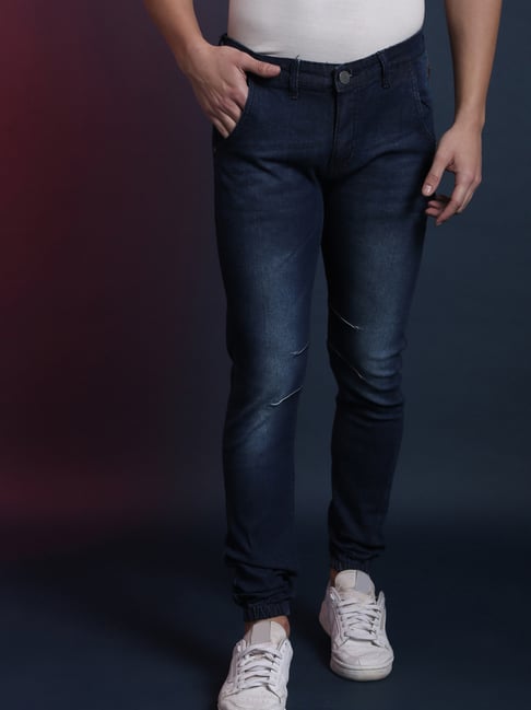Campus Sutra Navy Solid Lightly Washed Jeans-image-7