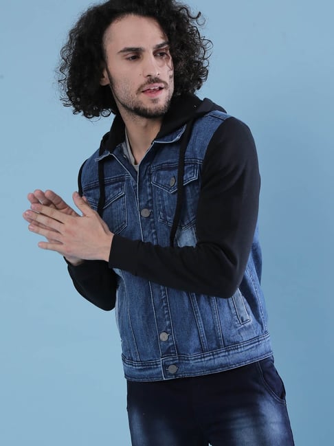Buy Campus Sutra Men's Cotton Blue & Black Colour-Blocked Denim Jacket With  Hoodie | Structured High- Quality Jacket with Comfort Fit, Regular Full  Sleeves And Stretchable Fabric For Casual Wear at Amazon.in