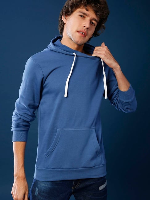 Campus Sutra Ink Blue Solid Full Sleeves Hoodie