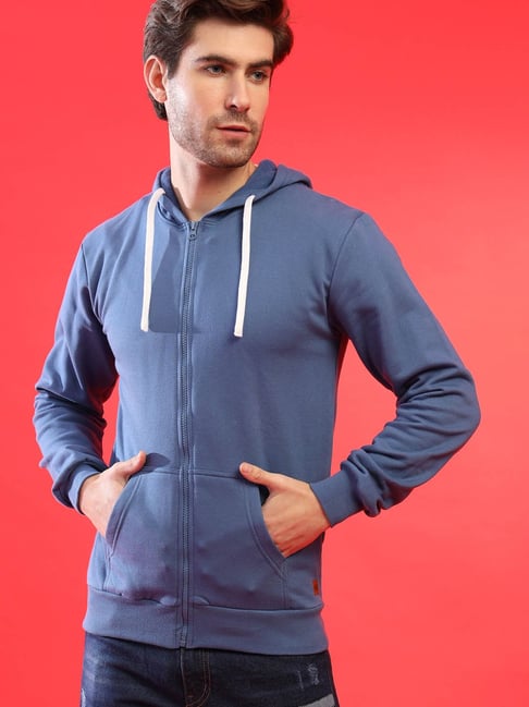 Campus Sutra Blue Solid Full Sleeves Hoodie