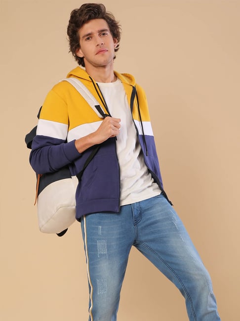 Campus Sutra Blue Yellow Full Sleeves Hoodie - Main Image