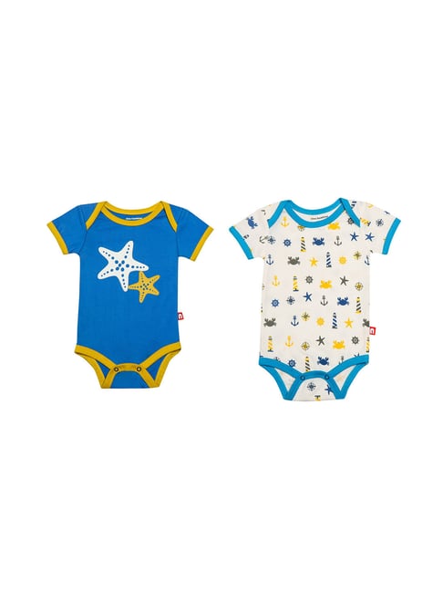 Buy Nino Bambino Kids Blue White Printed Bodysuit (Pack Of