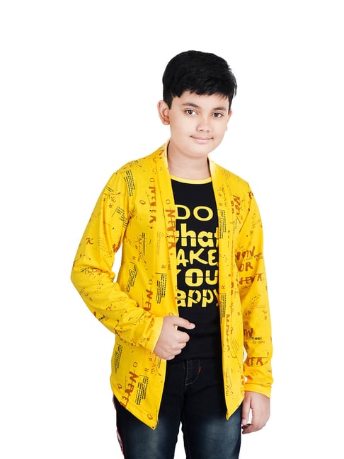 Fabshio Kids Black Yellow Printed T-Shirt with Attached Shrug