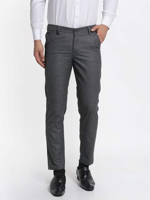 Buy Jainish Charcoal Cotton Tapered Fit Checks Flat Front Trousers for Mens  Online  Tata CLiQ