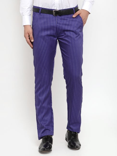 Buy Mr Bowerbird Men Navy Blue  White Tapered Fit Striped Regular Trousers   Trousers for Men 9929101  Myntra