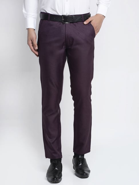 Buy Jainish Purple Cotton Tapered Fit Flat Front Trousers for Mens Online   Tata CLiQ