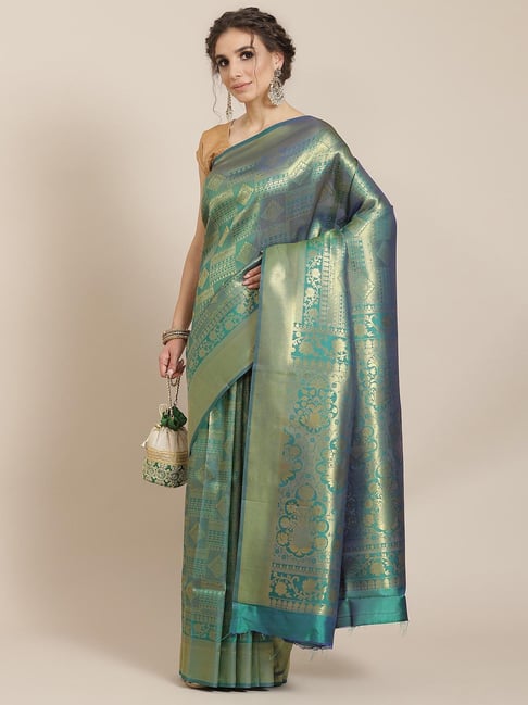 Sharaa Ethnica Teal Saree With Blouse Price in India