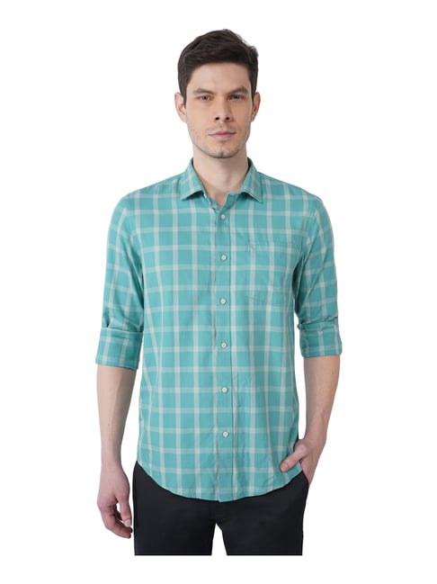 Blackberrys Green Cotton Slim Fit Checks Shirt