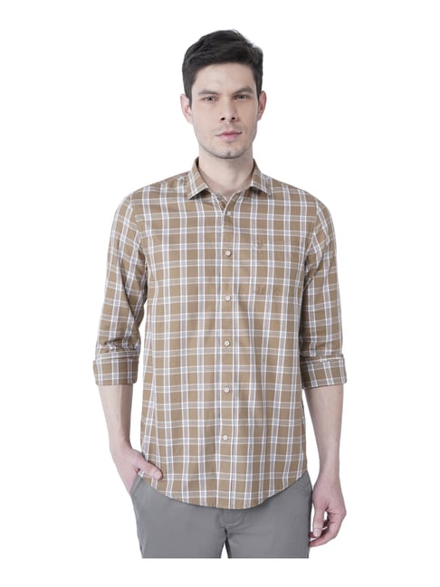 Blackberrys Beige Cotton Slim Fit Checks Shirt