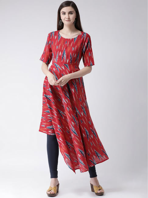 Span Red Cotton Printed A Line Kurta