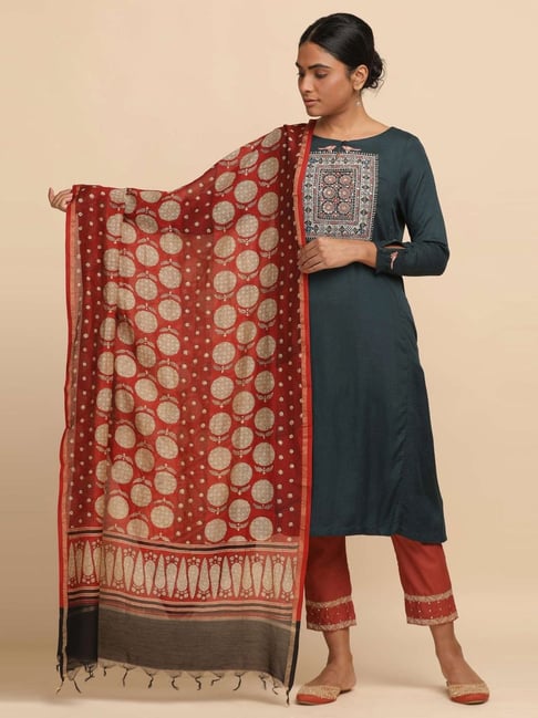 Folksong By W Red Cotton Printed Dupatta