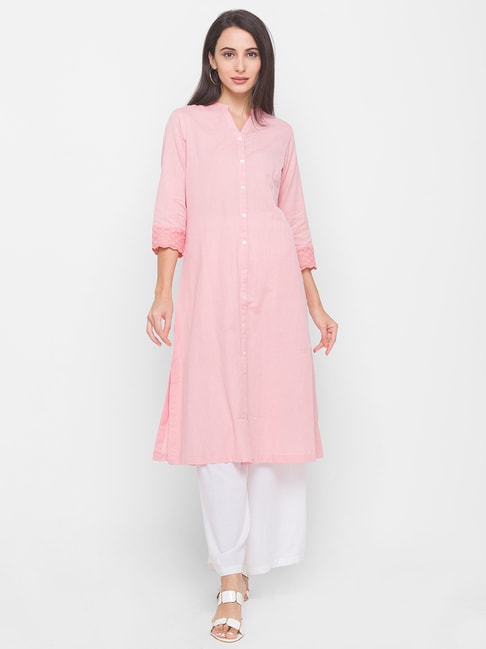 Globus Pink Cotton A Line Kurta Price in India