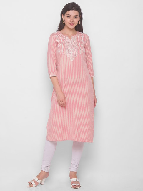 Globus Pink Cotton Embroidered A Line Kurta Price in India