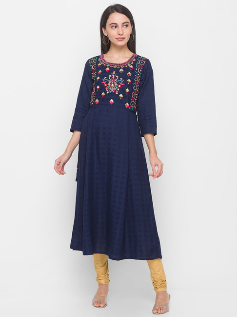 Globus Navy Embroidered A Line Kurta Price in India