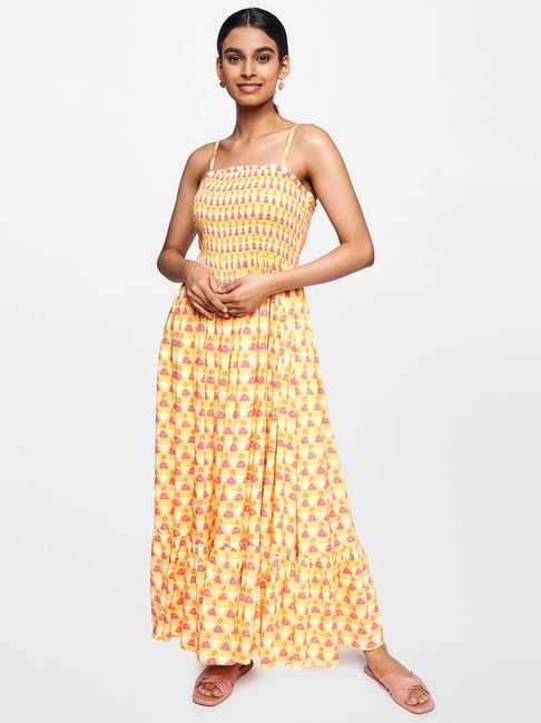 Global Desi Mustard Floral Print Dress Price in India