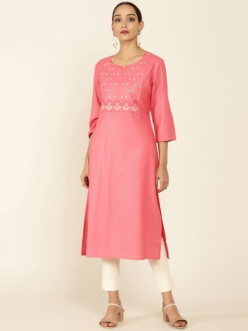 Soch Pink Embroidered Straight Kurta Price in India