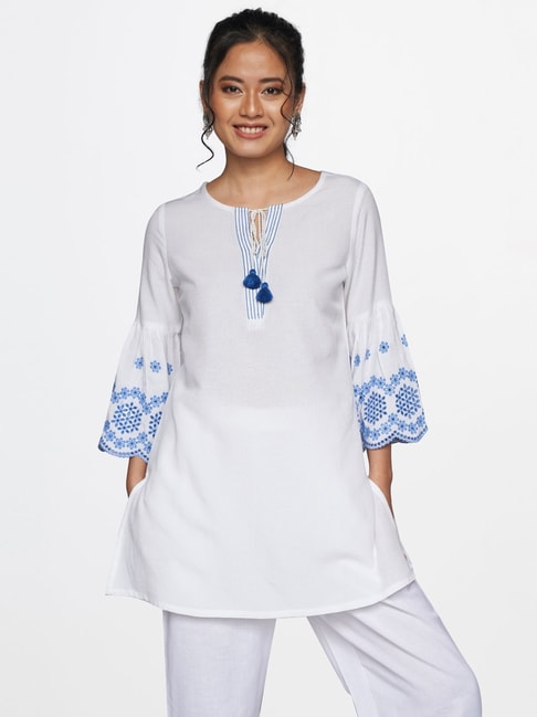 Global Desi White & Blue Embroidered Tunic