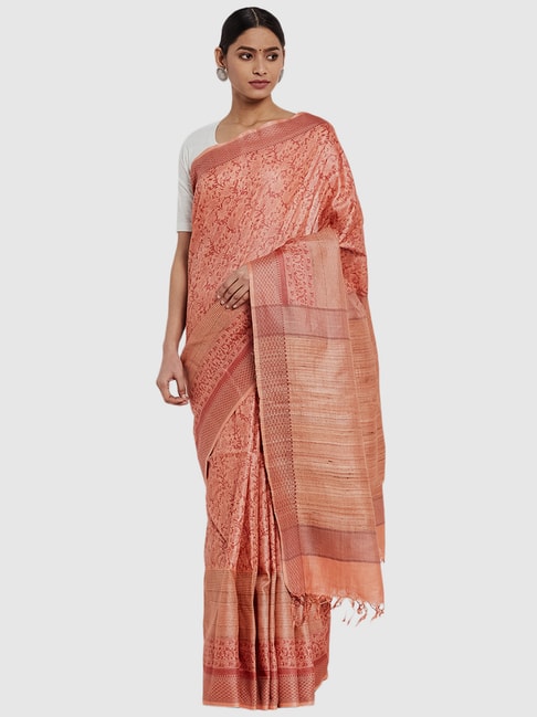 Fabindia Peach Cotton Silk Printed Saree Price in India