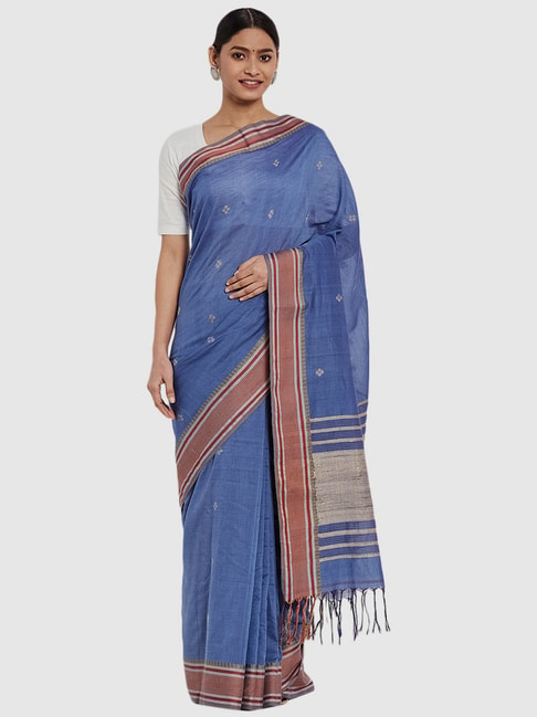 Fabindia Blue Cotton Woven Saree Price in India