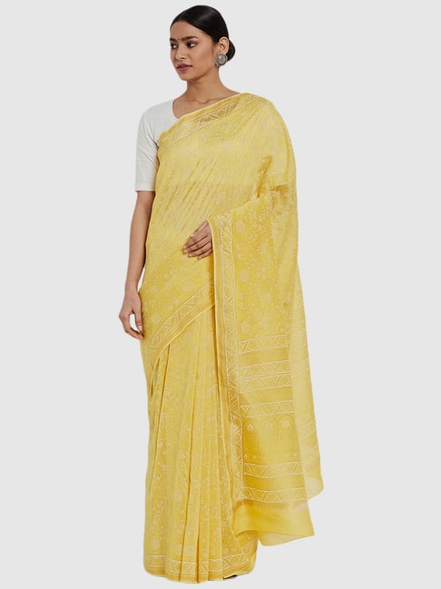 Fabindia Yellow Cotton Silk Printed Saree Price in India