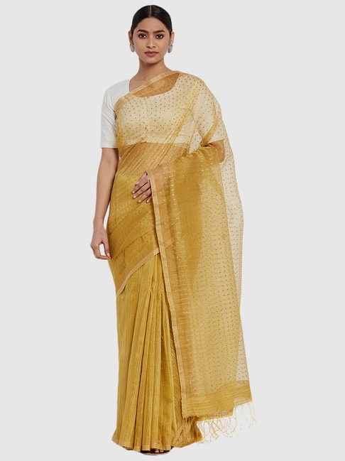 Fabindia Mustard Silk Embellished Saree Price in India