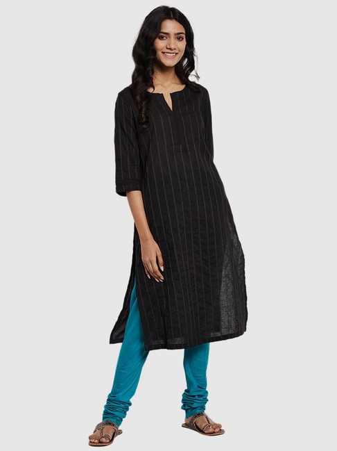 Fabindia Black Cotton Striped Straight Kurta Price in India