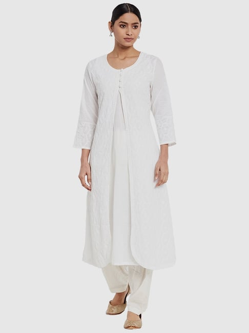 Fabindia White Cotton Embroidered Straight Layered Kurta Price in India