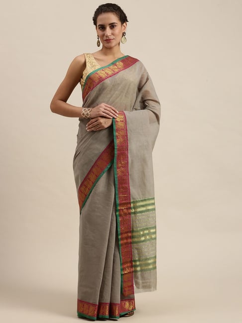 Pavecha's Grey Pure Cotton Woven Saree With Unstitched Blouse Price in India