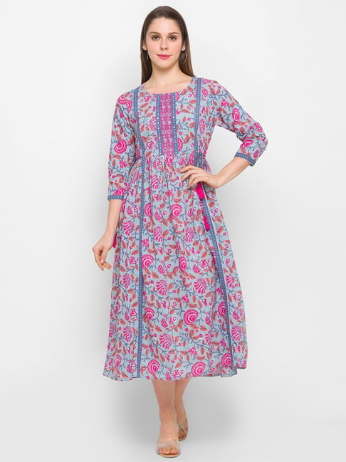 Globus Blue Printed A-Line Dress Price in India