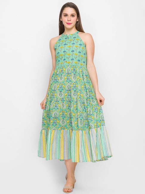 Globus Green Printed A-Line Dress Price in India