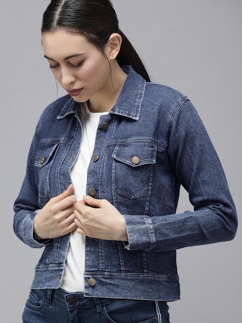 Buy Her By Invictus Women Blue Pure Cotton Denim Jacket - Jackets for Women  15136248 | Myntra