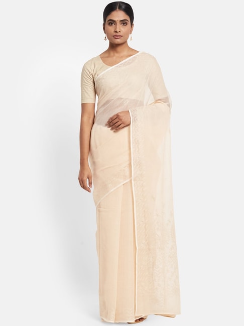 Fabindia Off-White Cotton Silk Embroidered Saree Price in India