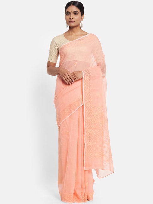 Fabindia Peach Cotton Silk Embroidered Saree Price in India