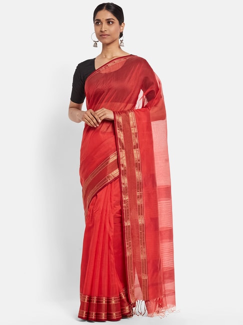 Fabindia Red Cotton Silk Woven Saree Price in India