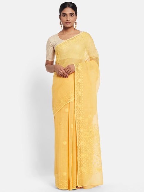 Fabindia Yellow Cotton Silk Embroidered Saree Price in India