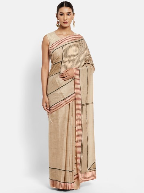 Fabindia Beige Striped Saree Price in India