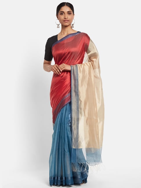 Fabindia Red & Blue Cotton Silk Woven Saree Price in India
