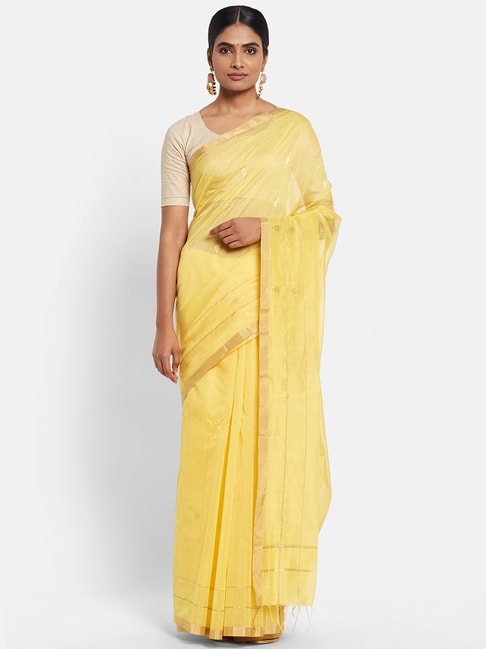 Fabindia Yellow Cotton Silk Woven Saree Price in India