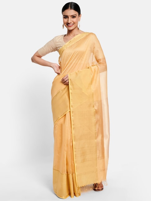 Fabindia Yellow Cotton Silk Woven Saree Price in India