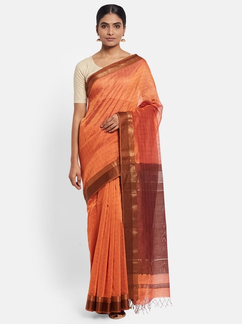 Fabindia Orange Cotton Silk Woven Saree Price in India