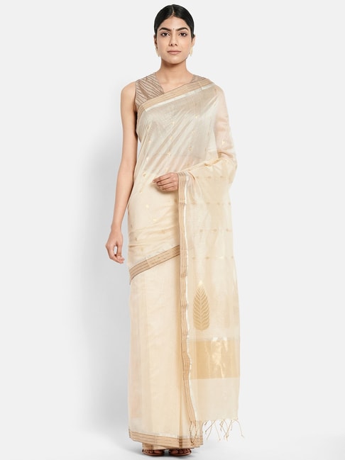 Fabindia Off-White Cotton Silk Woven Saree Price in India